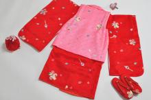 被布セット　赤色着物に共柄ピンク色コート　FS827