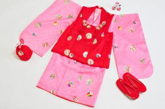 被布セット　ピンク着物に共柄赤色コート　FS828