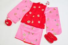 被布セット　ピンク着物に共柄赤色コート　FS828